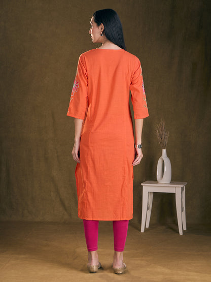 Floral Patchwork Embroidered A-Line Flared Kurta - Orange