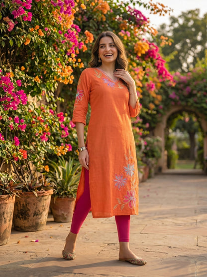 Floral Patchwork Embroidered A-Line Flared Kurta - Orange