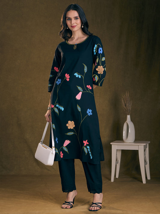 Solid Floral Printed Straight Fit Kurta with Pant - Navy Blue