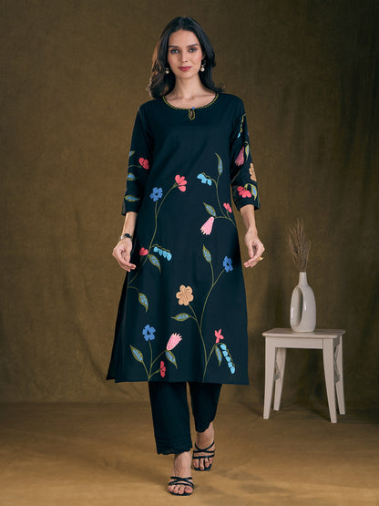 Solid Floral Printed Straight Fit Kurta with Pant - Navy Blue