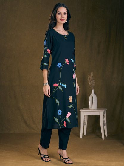 Solid Floral Printed Straight Fit Kurta with Pant - Navy Blue