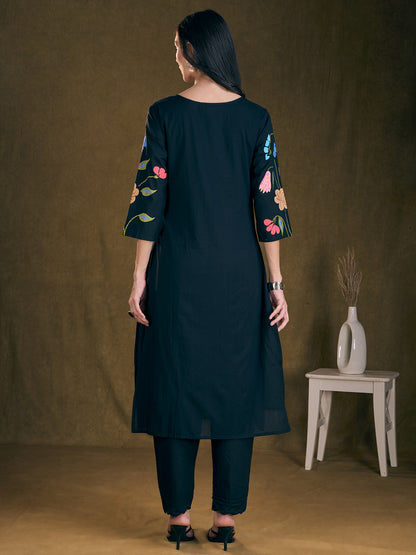 Solid Floral Printed Straight Fit Kurta with Pant - Navy Blue