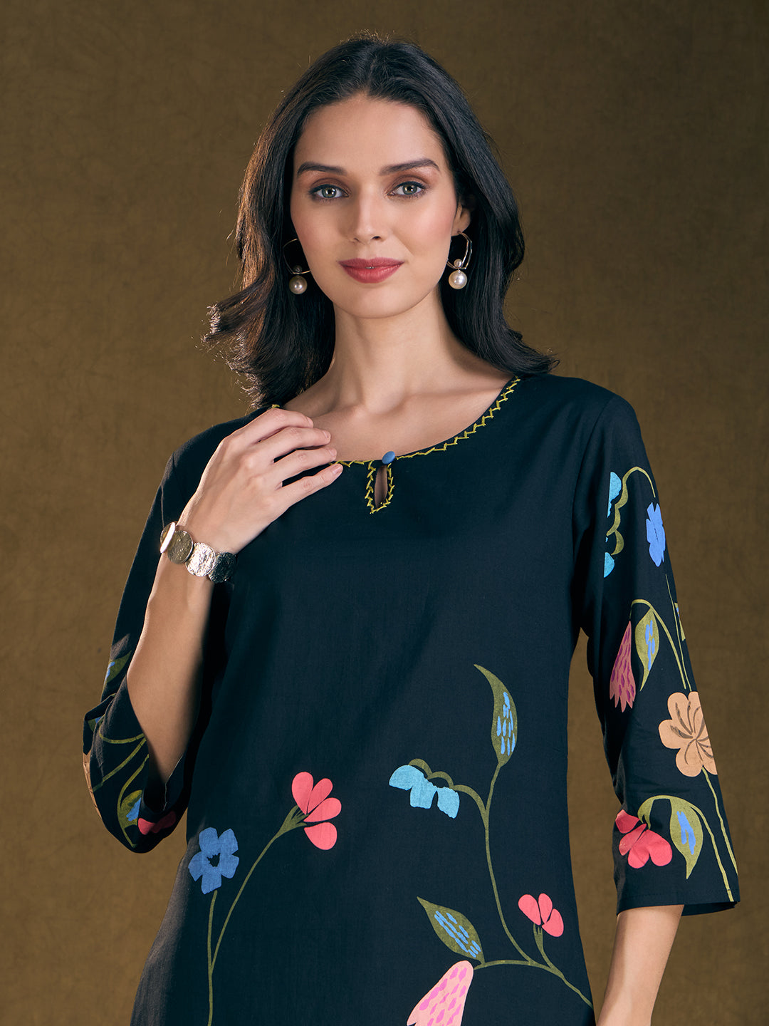 Solid Floral Printed Straight Fit Kurta with Pant - Navy Blue