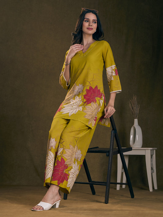 Abstract Floral Printed Straight Fit Co-ord Set - Lime Green
