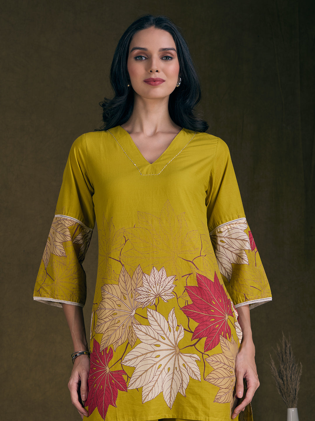 Abstract Floral Printed Straight Fit Co-ord Set - Lime Green