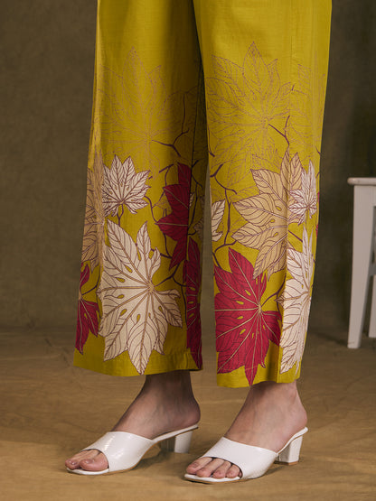Abstract Floral Printed Straight Fit Co-ord Set - Lime Green