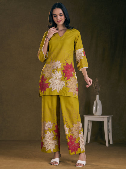Abstract Floral Printed Straight Fit Co-ord Set - Lime Green