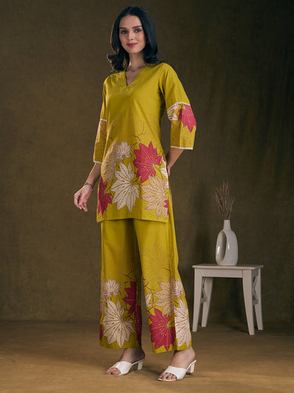 Abstract Floral Printed Straight Fit Co-ord Set - Lime Green