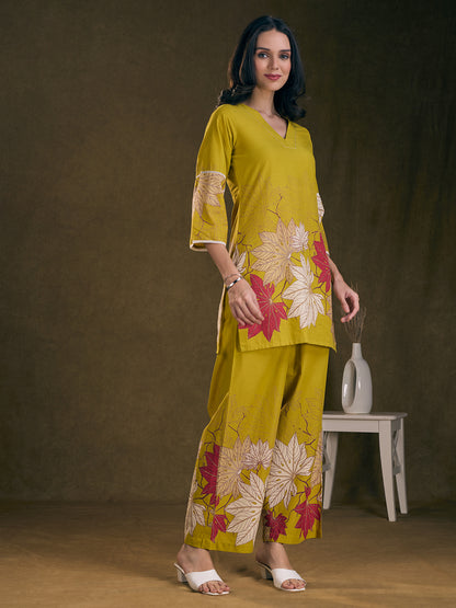 Abstract Floral Printed Straight Fit Co-ord Set - Lime Green