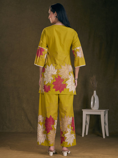 Abstract Floral Printed Straight Fit Co-ord Set - Lime Green