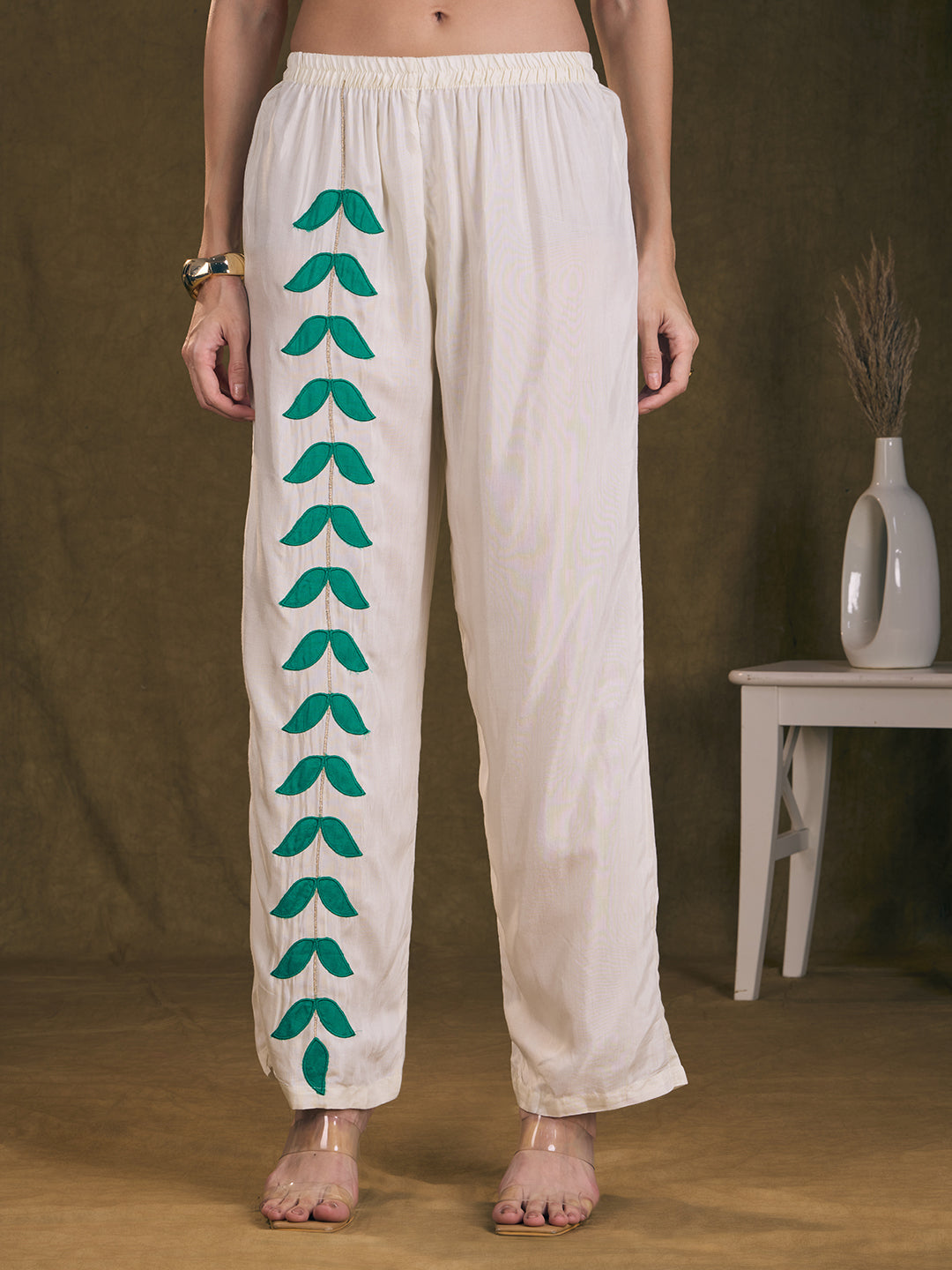 Solid Floral Patchwork Embroidered Straight Fit Co-ord Set - Off White