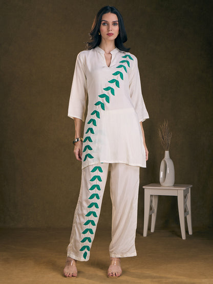 Solid Floral Patchwork Embroidered Straight Fit Co-ord Set - Off White