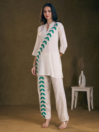 Solid Floral Patchwork Embroidered Straight Fit Co-ord Set - Off White