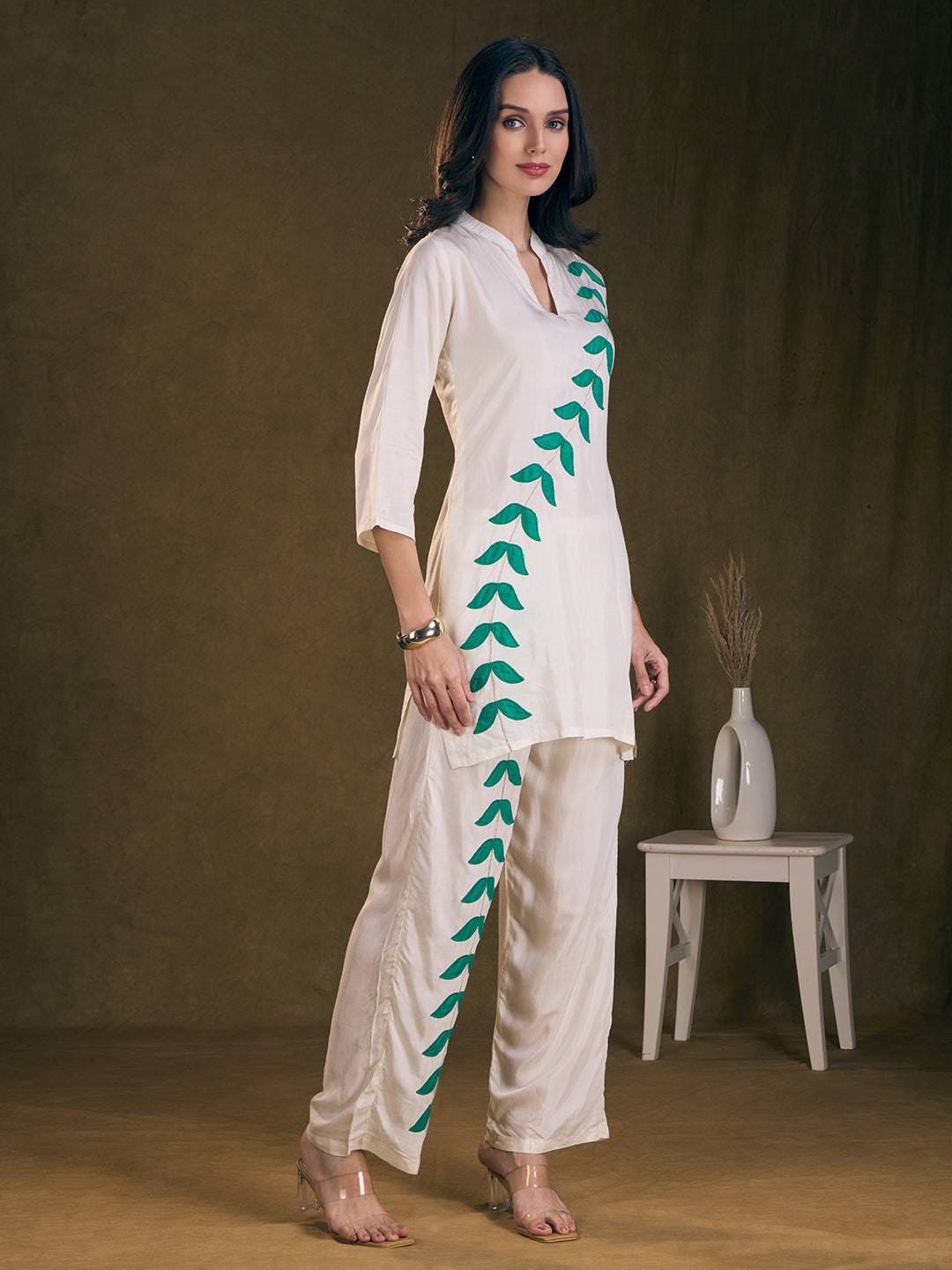 Solid Floral Patchwork Embroidered Straight Fit Co-ord Set - Off White