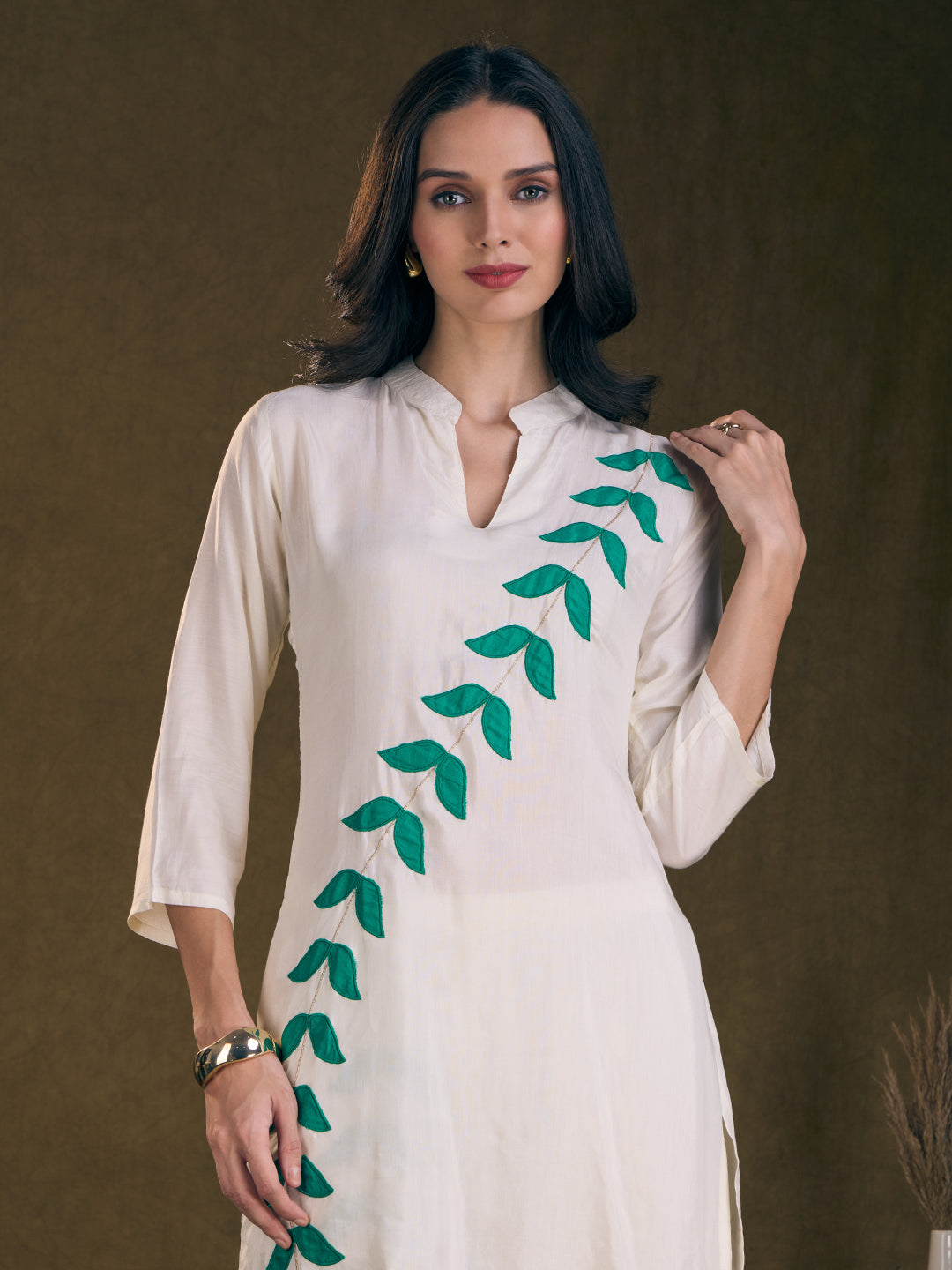 Solid Floral Patchwork Embroidered Straight Fit Co-ord Set - Off White