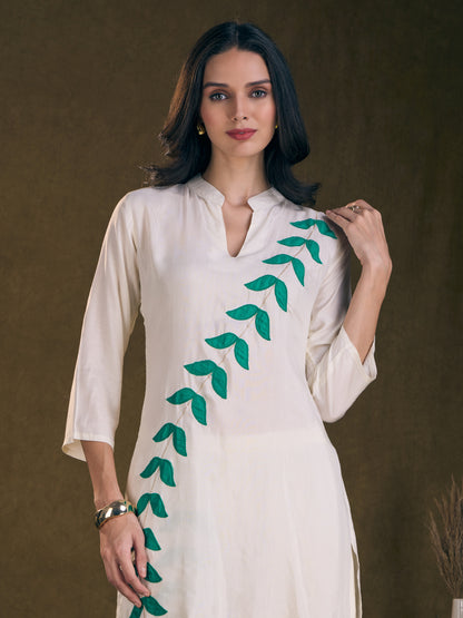 Solid Floral Patchwork Embroidered Straight Fit Co-ord Set - Off White