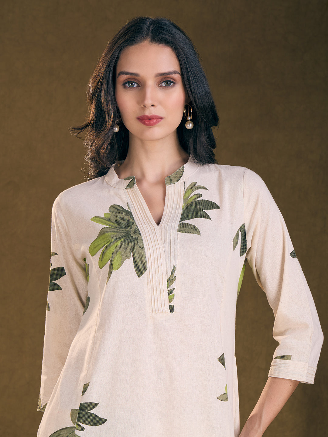 Modern Floral Printed A-Line Paneled Cotton Flax Co-ord Set - Off White