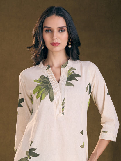 Modern Floral Printed A-Line Paneled Cotton Flax Co-ord Set - Off White