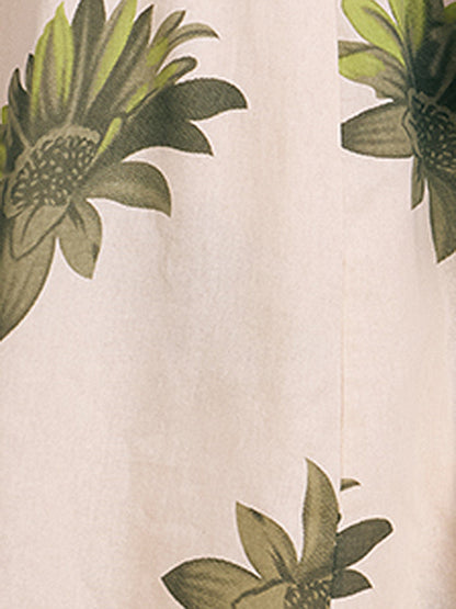 Modern Floral Printed A-Line Paneled Cotton Flax Co-ord Set - Off White