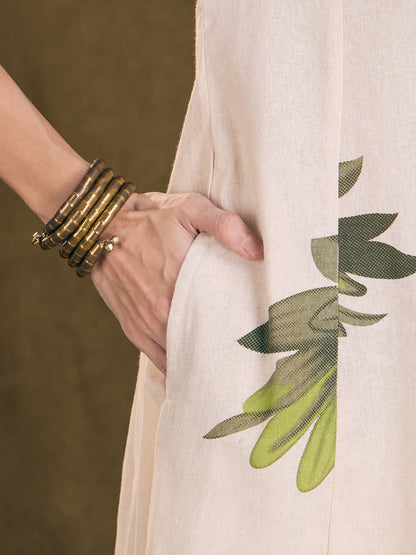 Modern Floral Printed A-Line Paneled Cotton Flax Co-ord Set - Off White