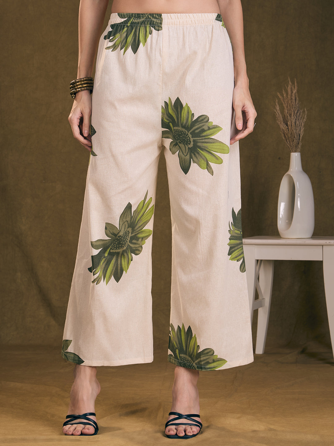 Modern Floral Printed A-Line Paneled Cotton Flax Co-ord Set - Off White
