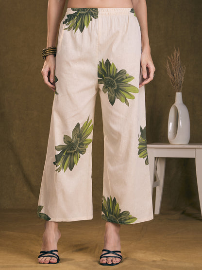 Modern Floral Printed A-Line Paneled Cotton Flax Co-ord Set - Off White