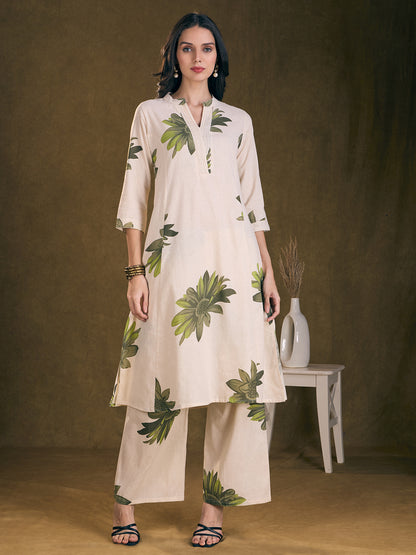 Modern Floral Printed A-Line Paneled Cotton Flax Co-ord Set - Off White