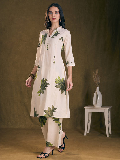 Modern Floral Printed A-Line Paneled Cotton Flax Co-ord Set - Off White