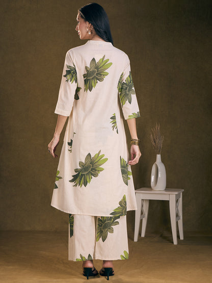 Modern Floral Printed A-Line Paneled Cotton Flax Co-ord Set - Off White