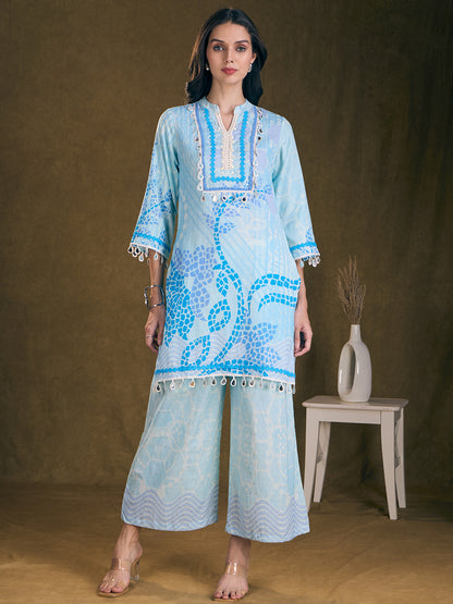 Ethnic Floral Printed Embroidered Straight Fit Kurta with Palazzo - Blue