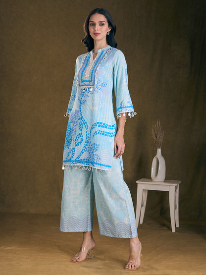 Ethnic Floral Printed Embroidered Straight Fit Kurta with Palazzo - Blue