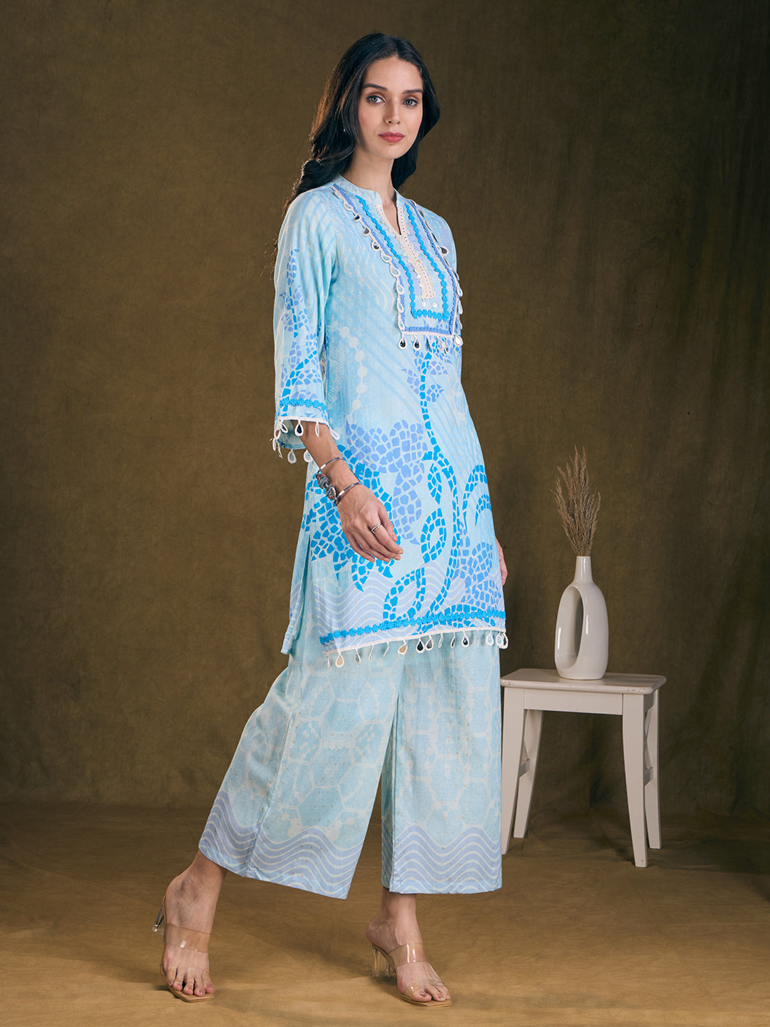 Ethnic Floral Printed Embroidered Straight Fit Kurta with Palazzo - Blue