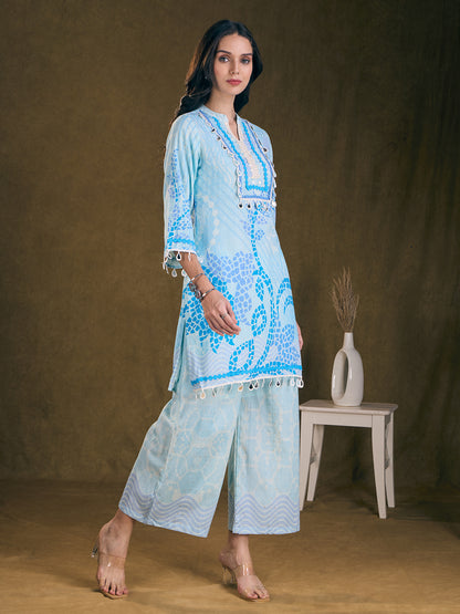 Ethnic Floral Printed Embroidered Straight Fit Kurta with Palazzo - Blue