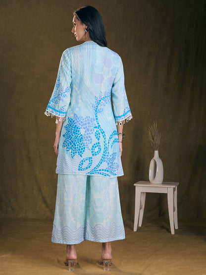 Ethnic Floral Printed Embroidered Straight Fit Kurta with Palazzo - Blue