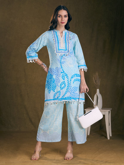 Ethnic Floral Printed Embroidered Straight Fit Kurta with Palazzo - Blue