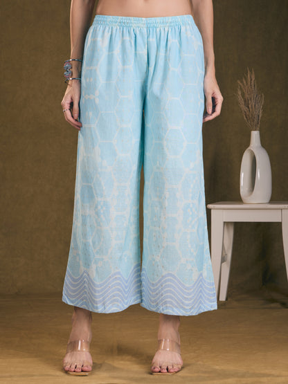 Ethnic Floral Printed Embroidered Straight Fit Kurta with Palazzo - Blue