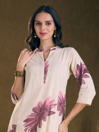 Modern Floral Printed A-Line Paneled Cotton Flax Co-ord Set - Off White