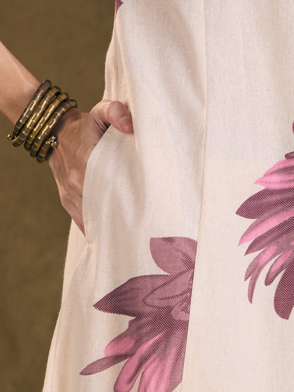 Modern Floral Printed A-Line Paneled Cotton Flax Co-ord Set - Off White