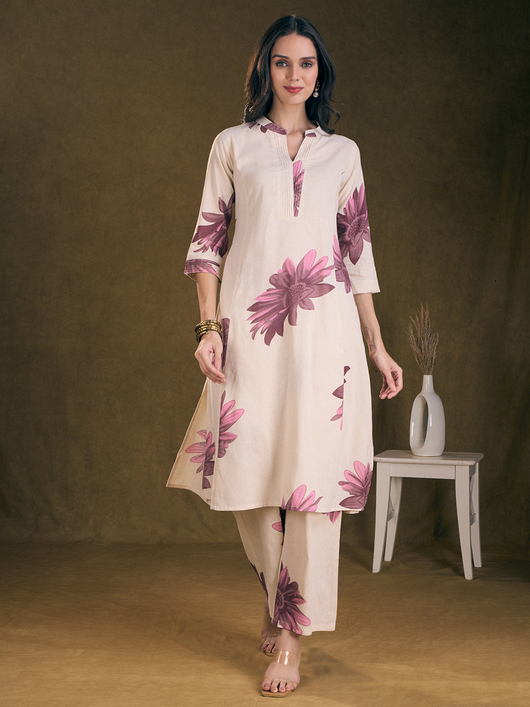 Modern Floral Printed A-Line Paneled Cotton Flax Co-ord Set - Off White
