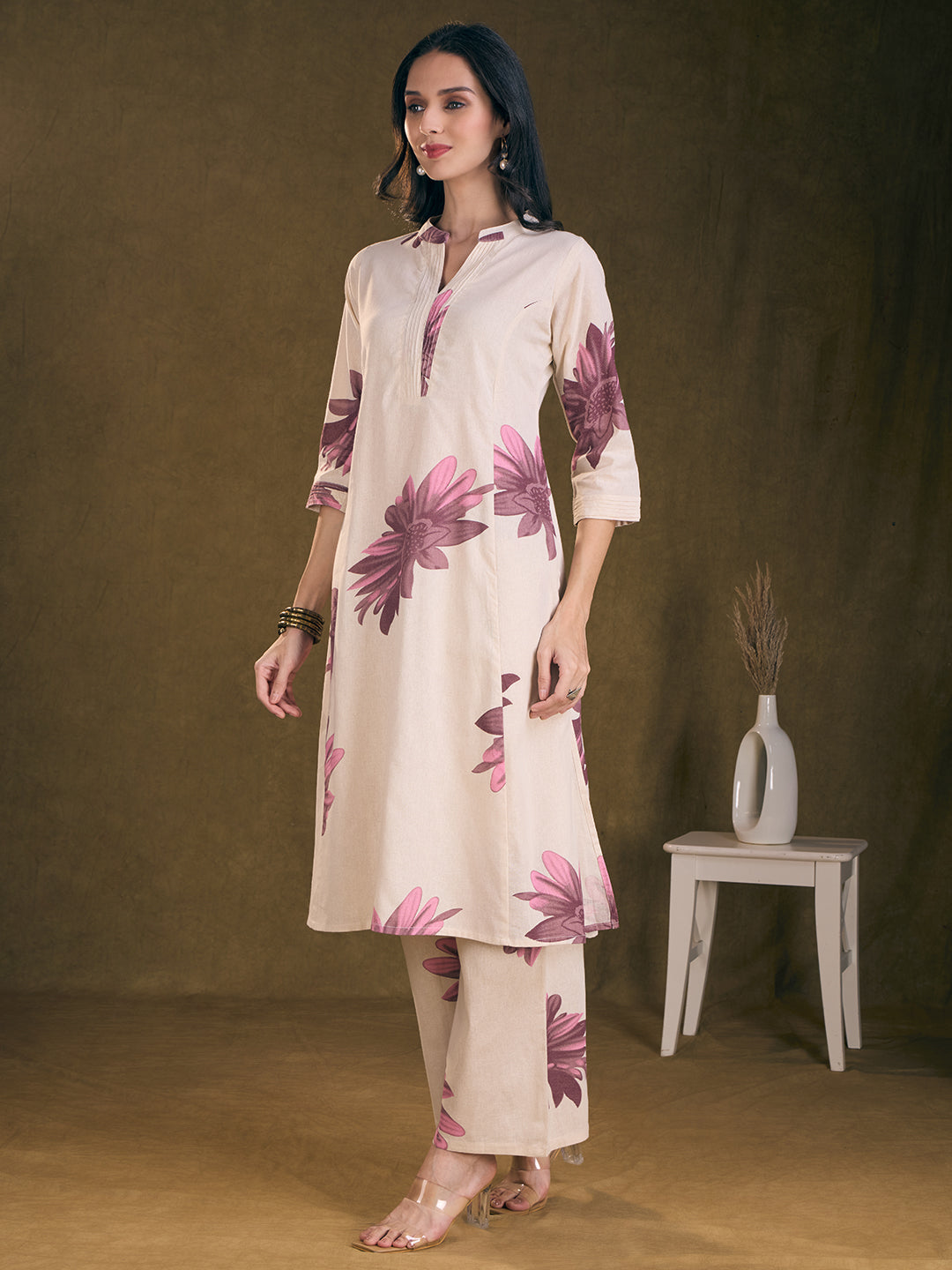 Modern Floral Printed A-Line Paneled Cotton Flax Co-ord Set - Off White