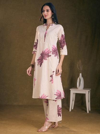 Modern Floral Printed A-Line Paneled Cotton Flax Co-ord Set - Off White