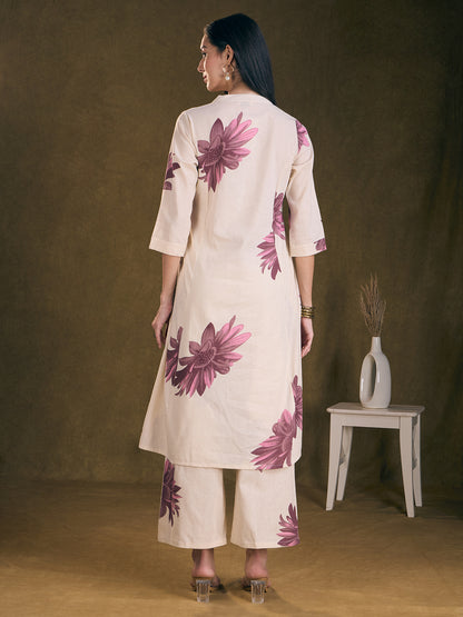 Modern Floral Printed A-Line Paneled Cotton Flax Co-ord Set - Off White