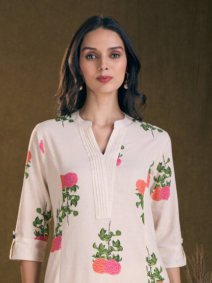 Ethnic Floral Printed A-Line Kurta with Pant - Off White