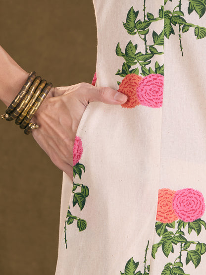Ethnic Floral Printed A-Line Kurta with Pant - Off White