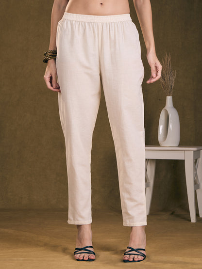 Ethnic Floral Printed A-Line Kurta with Pant - Off White