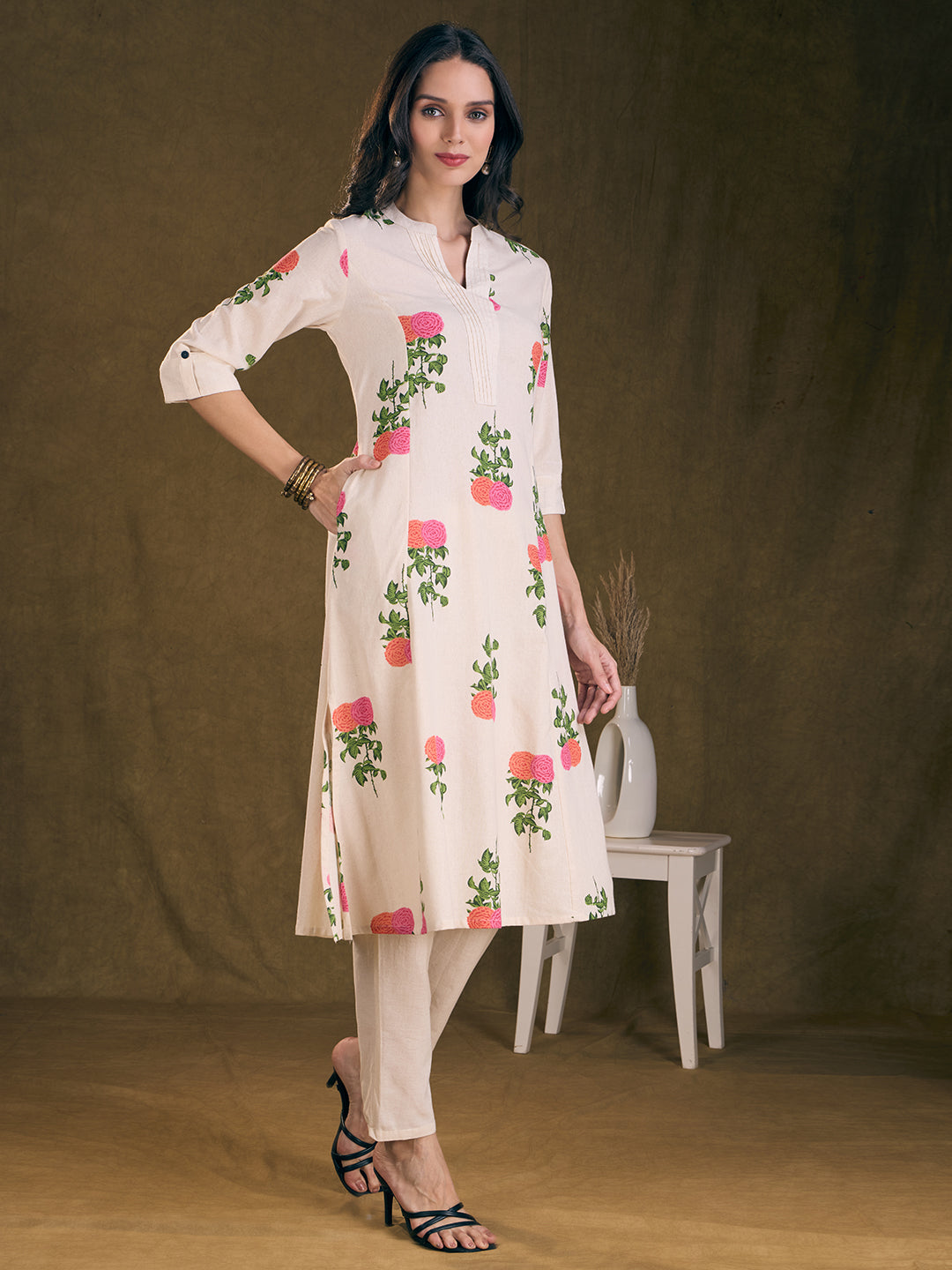 Ethnic Floral Printed A-Line Kurta with Pant - Off White