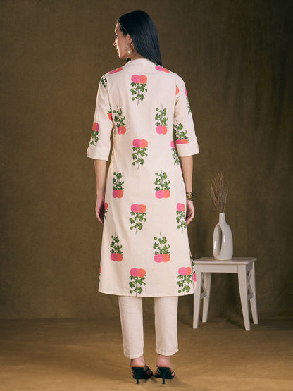 Ethnic Floral Printed A-Line Kurta with Pant - Off White