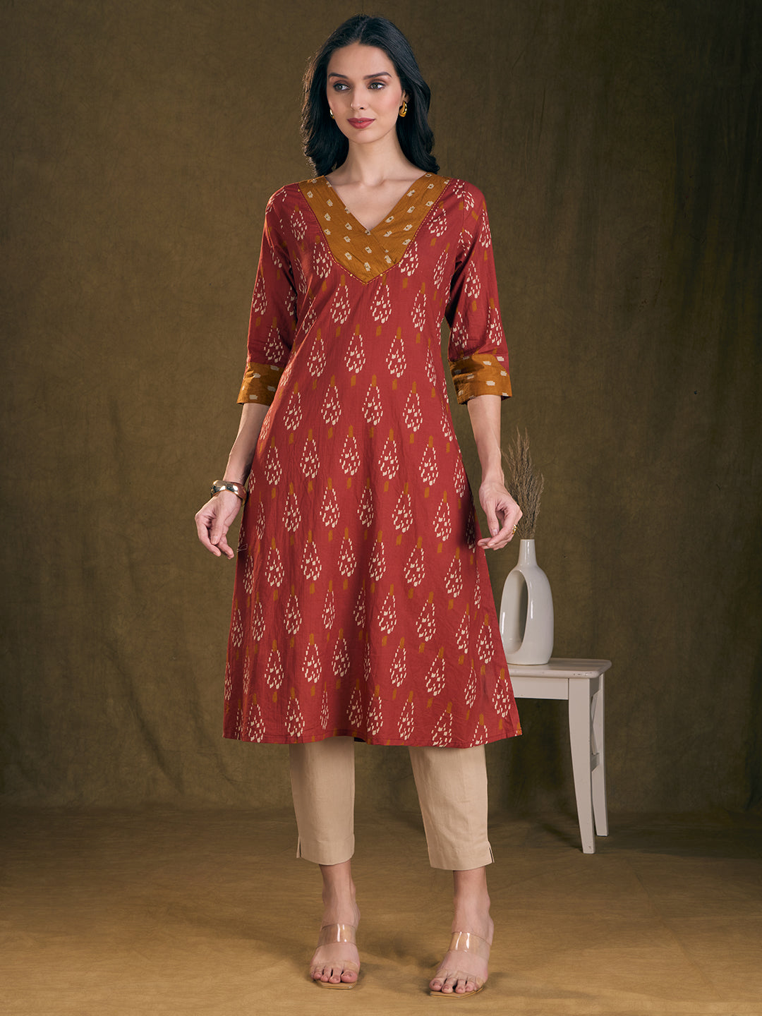 Ethnic Ikat Printed & Embroidered A-Line Kurta with Palazzo - Rust
