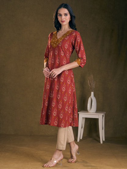 Ethnic Ikat Printed & Embroidered A-Line Kurta with Palazzo - Rust