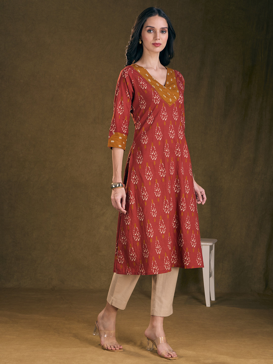 Ethnic Ikat Printed & Embroidered A-Line Kurta with Palazzo - Rust